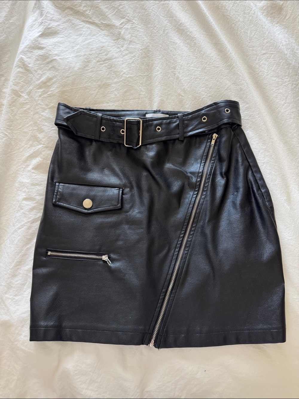 Revolve Superdown Black Faux Leather Belted Mini Skirt with Zipper Detail